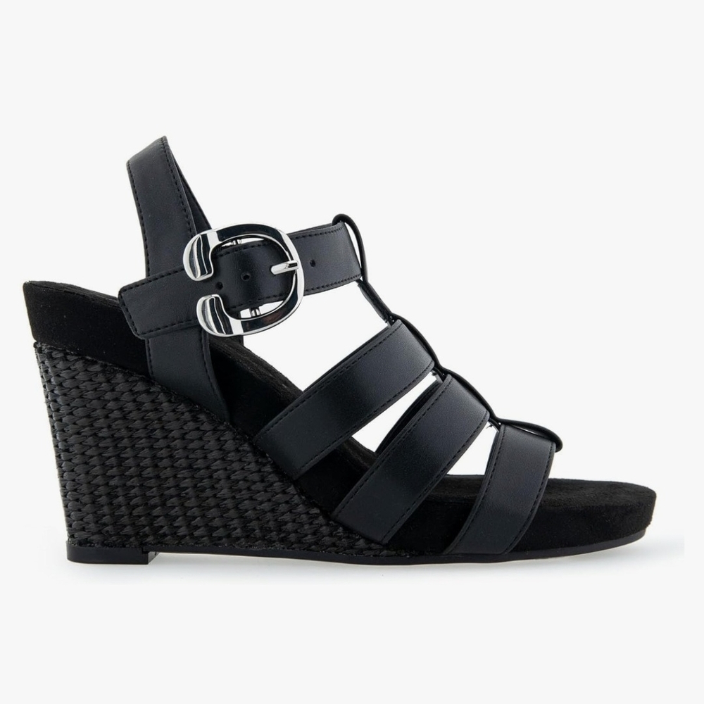AEROSOLES Black Wedge Sandals with Strappy Design - Picture 2 of 9